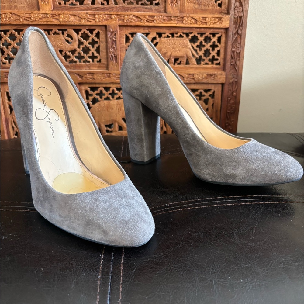 Gray suede platform heels